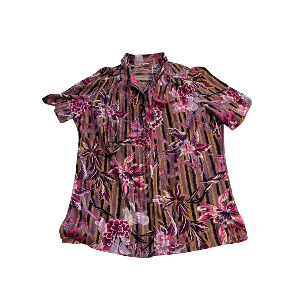 Graff Californiawear Shirt Tropical‎ Floral Purple Pink Button Front Vintage L
